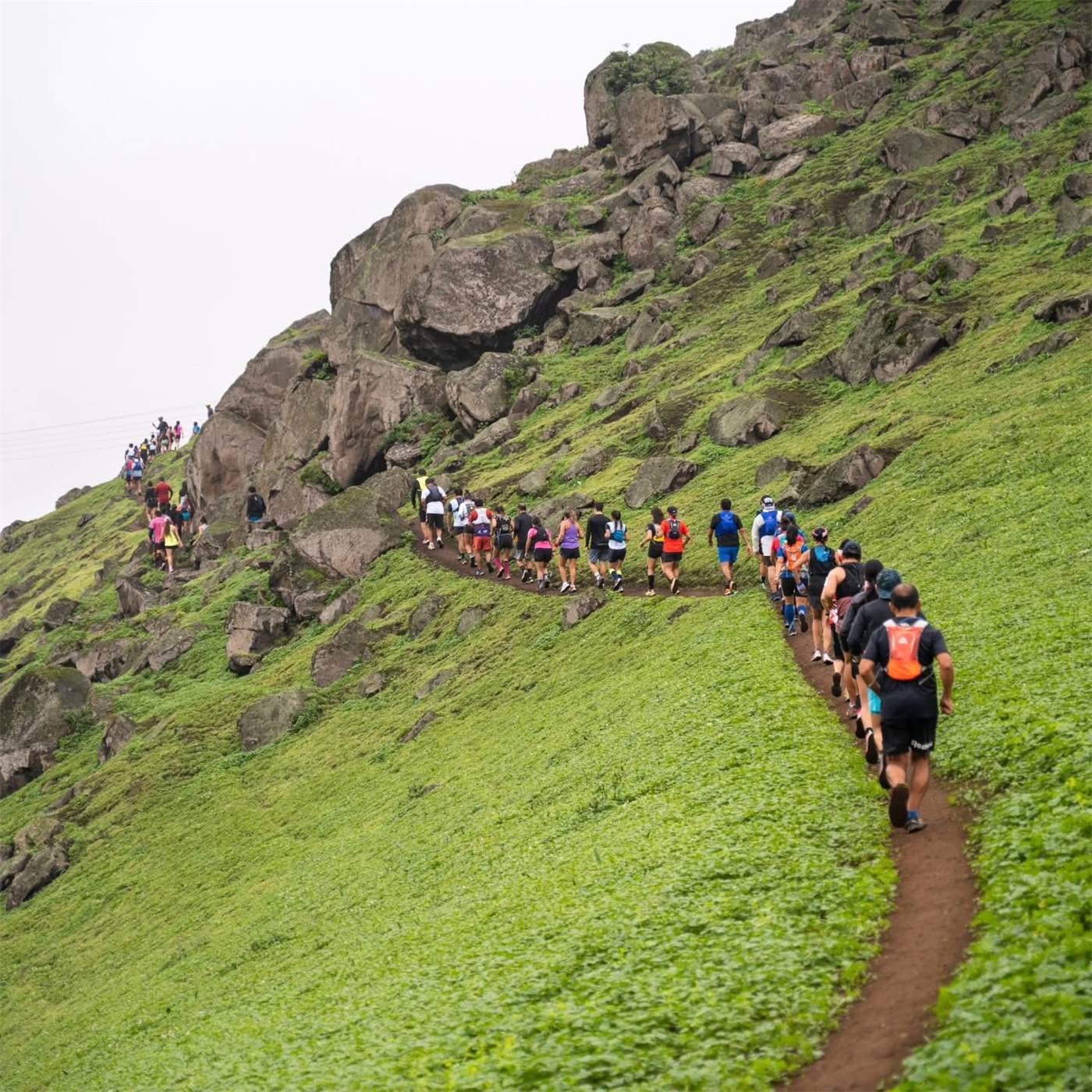 Corredores en fila sobre las lomas verdes del Santuario de Amancay en temporada de invierno